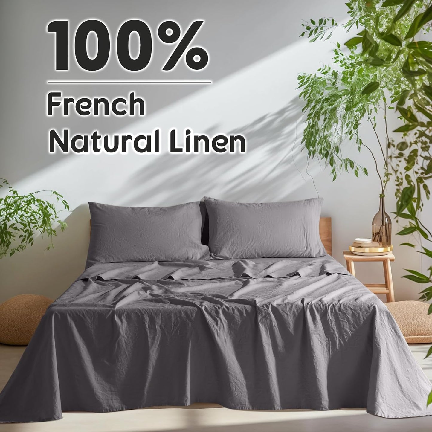 Guken® 100% Pure Bed Linen, Breathable and Durable Line Queen Size, Line Bed Sheets, Machine Washable, 16 Inch Deep Pocket (Dark Grey, Queen)