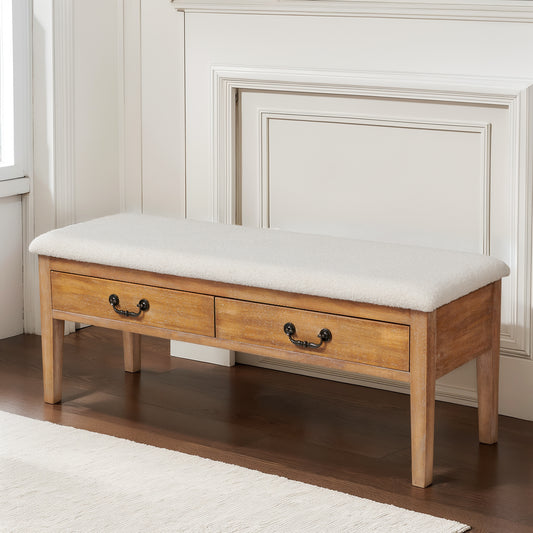 Storage Bench with Cushioned Seat, Wooden Bench with 2 Drawers for Storage, Upholstered Seating for Living Room, Dining Room, Entryway – Multi-Functional Storage Solution