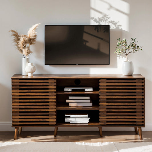 TV Stand for 55-60 Inch TV, Mid Century Modern Entertainment Center, TV Console with Sliding Door and Storage Shelves for Living Room, Brown