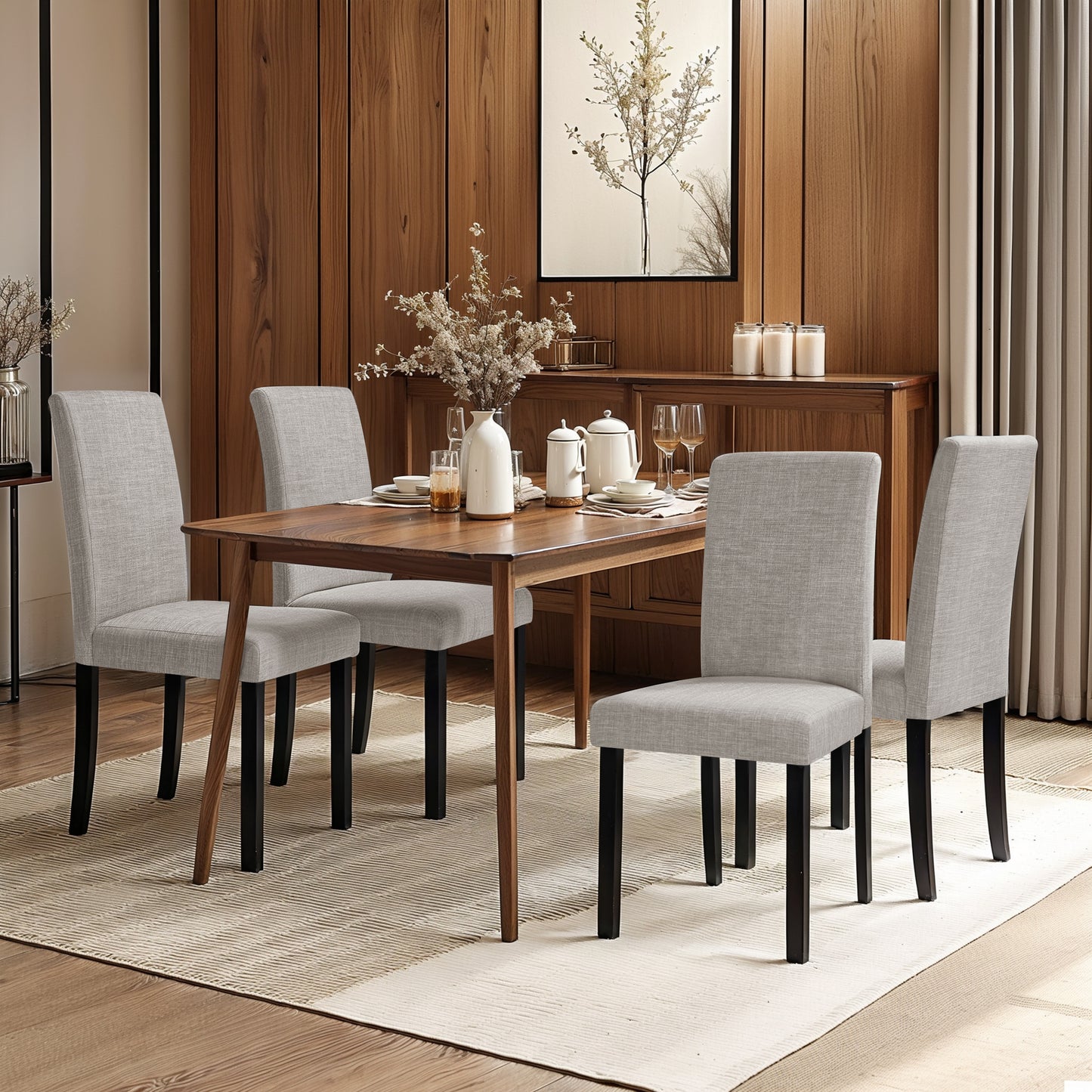 Linen Dining Chairs Set of 2, Upholstered Fabric Chairs with Solid Wood Legs for Kitchen Dining Room, Light Gray