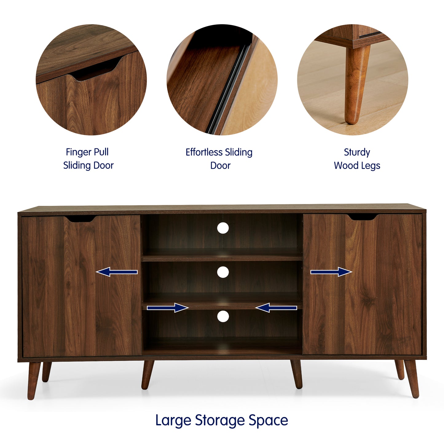 TV Stand for 55-60 Inch TV, Mid Century Modern Entertainment Center, TV Console with Sliding Door and Storage Shelves for Living Room, Brown