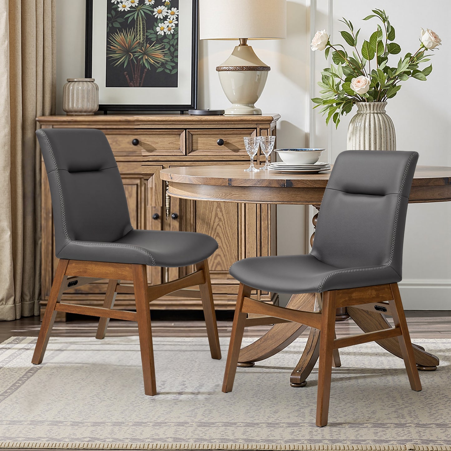 Dining Chairs Set of 2, Embroidered Leather Dining Chairs for Kitchen, Dining Room, Ivory