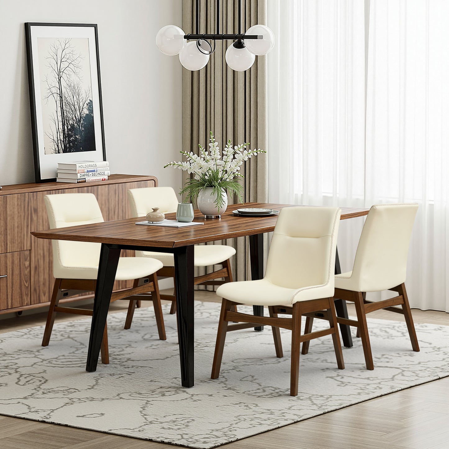 Dining Chairs Set of 2, Embroidered Leather Dining Chairs for Kitchen, Dining Room, Ivory