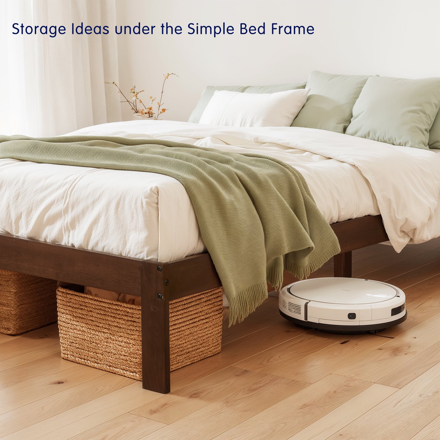 Queen Size Bed Frame, Solid Wood Platform with Wood Slat Support, No Box Spring Needed, Dark Walnut