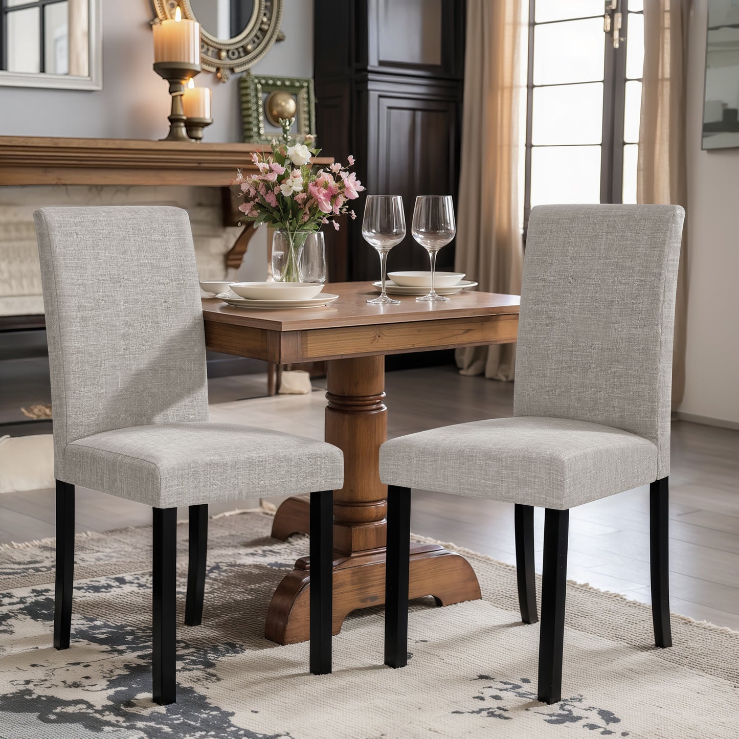 Linen Dining Chairs Set of 2, Upholstered Fabric Chairs with Solid Wood Legs for Kitchen Dining Room, Light Gray