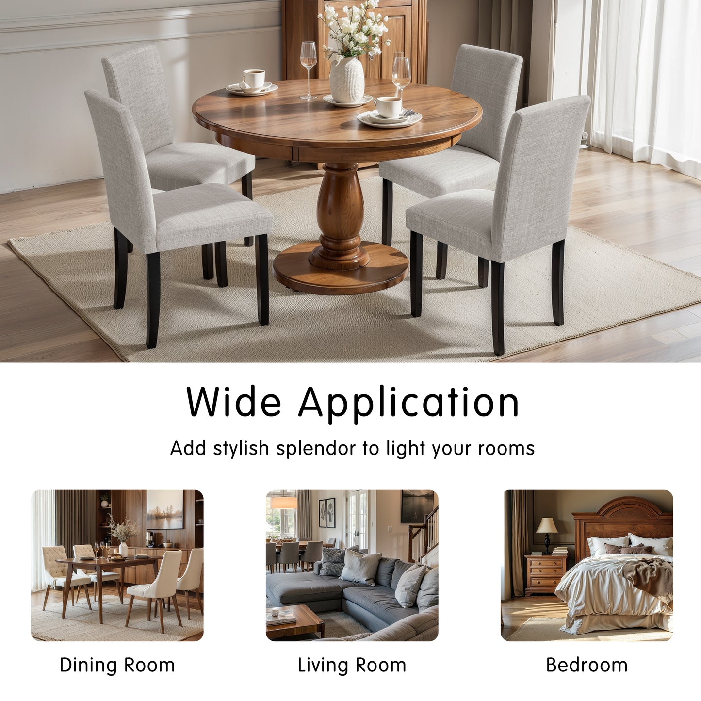Linen Dining Chairs Set of 2, Upholstered Fabric Chairs with Solid Wood Legs for Kitchen Dining Room, Light Gray