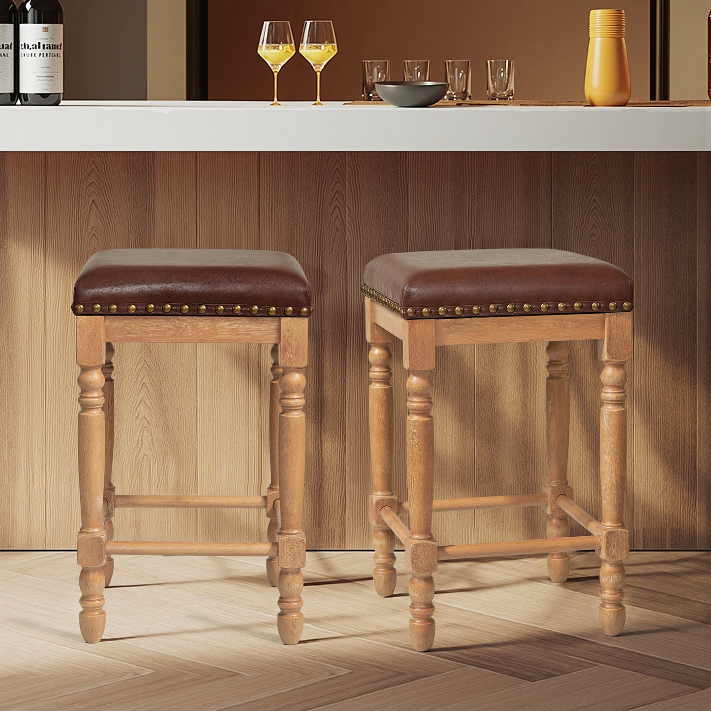 Bar Stools Set of 2, Counter Height,Upholstered Stools with Nailhead Trim, Rustic Solid Wood Frame for Kitchen & Home Bar
