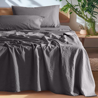 Guken® 100% Pure Bed Linen, Breathable and Durable Line Queen Size, Line Bed Sheets, Machine Washable, 16 Inch Deep Pocket (Dark Grey, Queen)