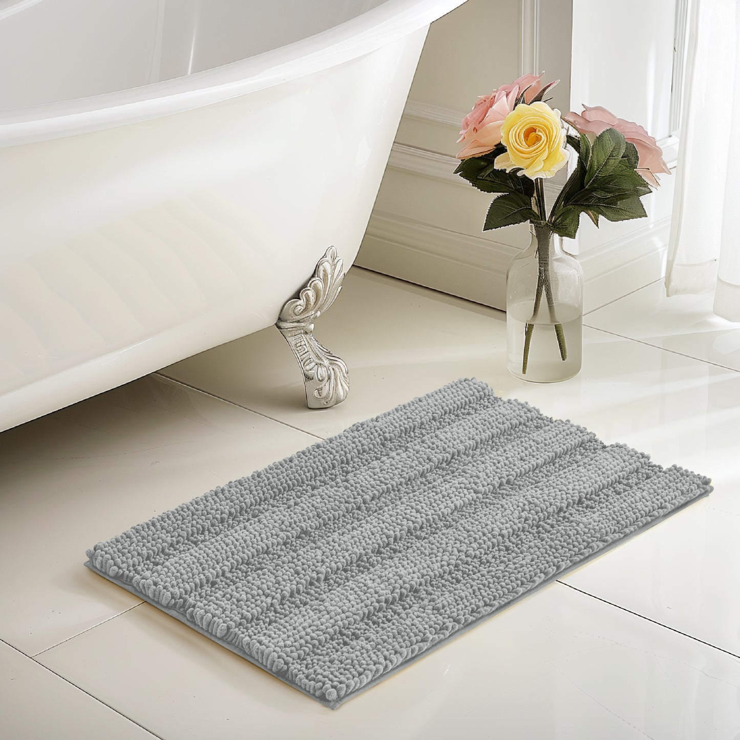 Chenille Non-Slip Bath Mat Bathroom Rugs, Soft Absorbent Shower Mat