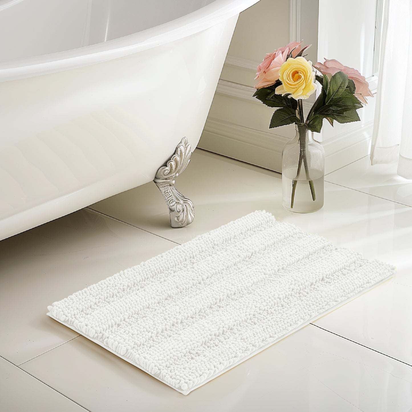 Chenille Non-Slip Bath Mat Bathroom Rugs, Soft Absorbent Shower Mat