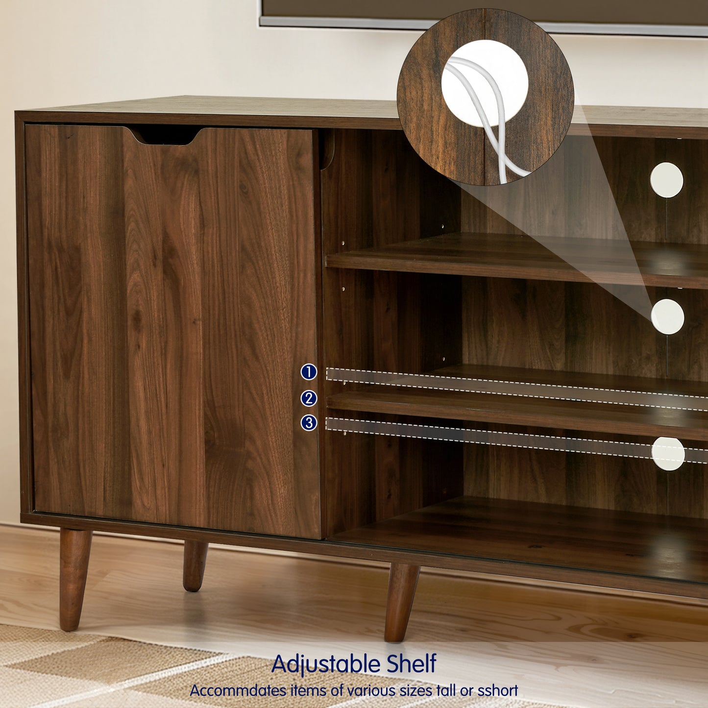TV Stand for 55-60 Inch TV, Mid Century Modern Entertainment Center, TV Console with Sliding Door and Storage Shelves for Living Room, Brown