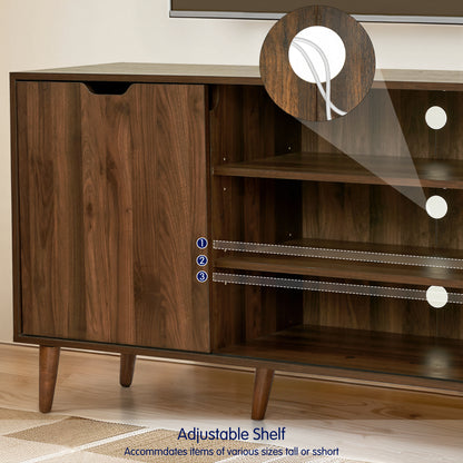 TV Stand for 55-60 Inch TV, Mid Century Modern Entertainment Center, TV Console with Sliding Door and Storage Shelves for Living Room, Brown