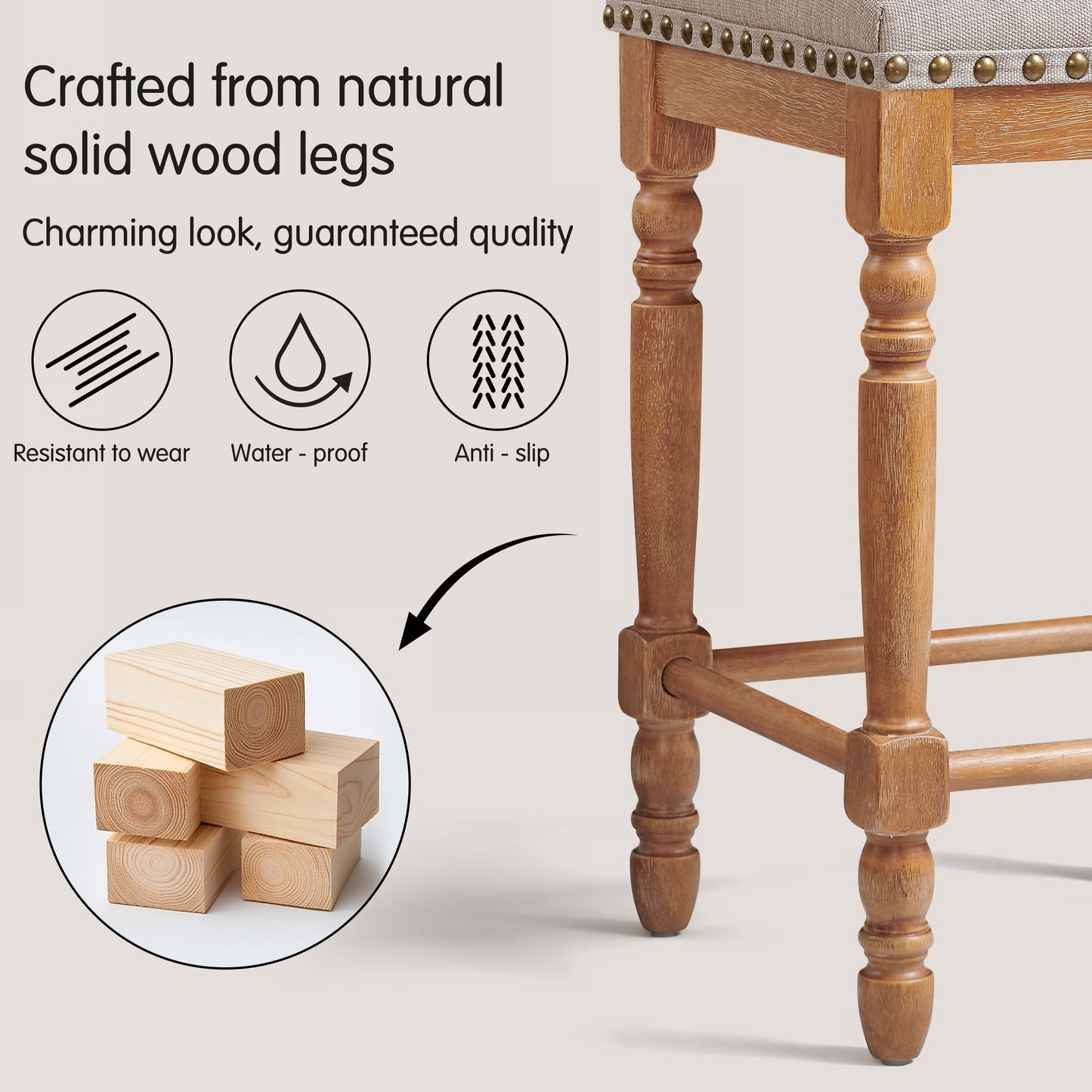 Bar Stools Set of 2, Counter Height,Upholstered Stools with Nailhead Trim, Rustic Solid Wood Frame for Kitchen & Home Bar