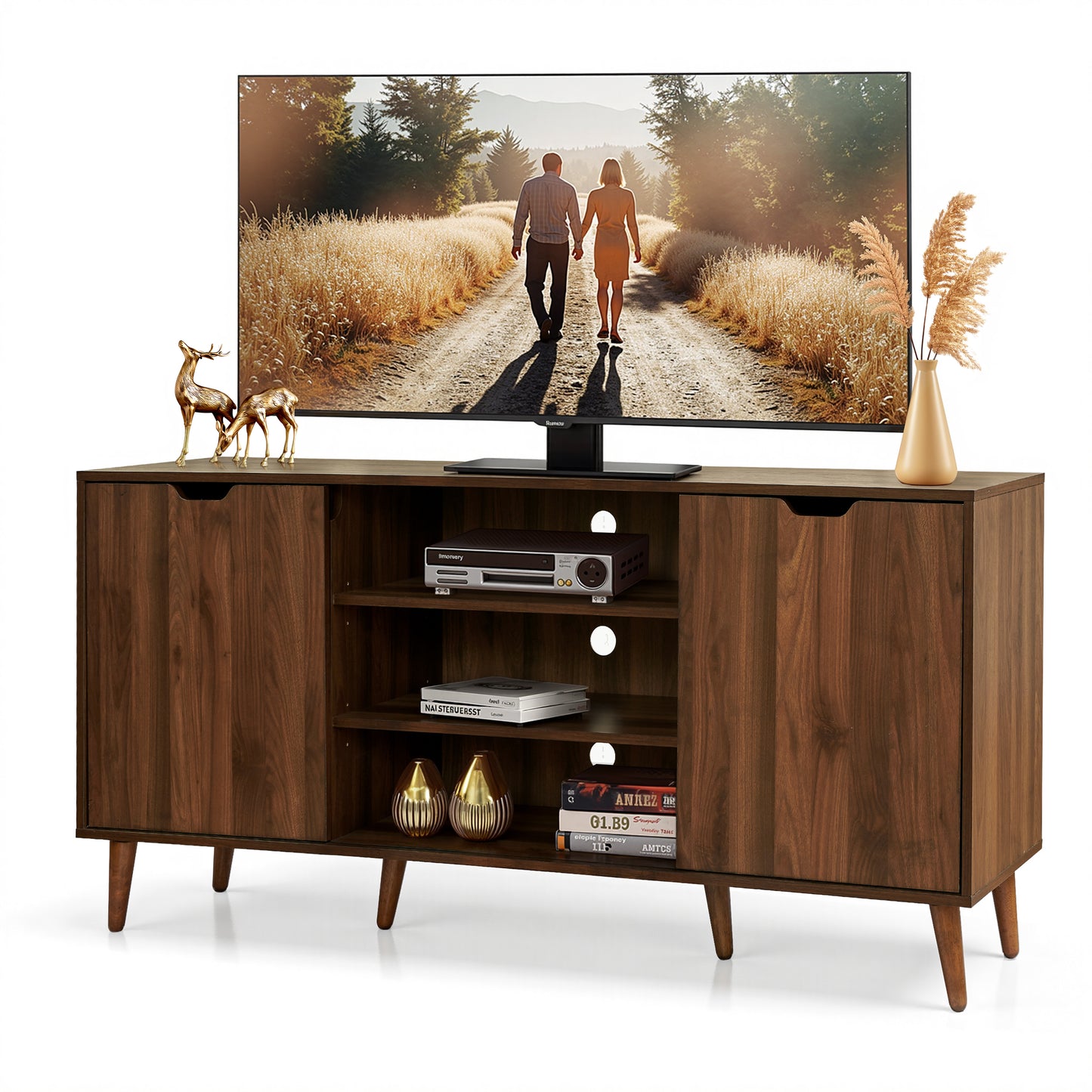 TV Stand for 55-60 Inch TV, Mid Century Modern Entertainment Center, TV Console with Sliding Door and Storage Shelves for Living Room, Brown