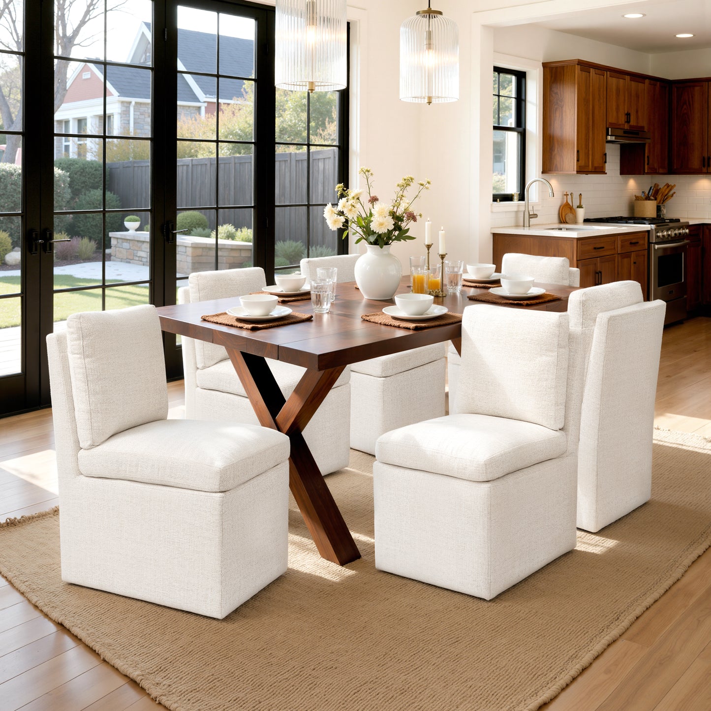 Linen Upholstered Dining Chair with Hidden Wheels, Fully Assembled Modern Armless Accent Chair