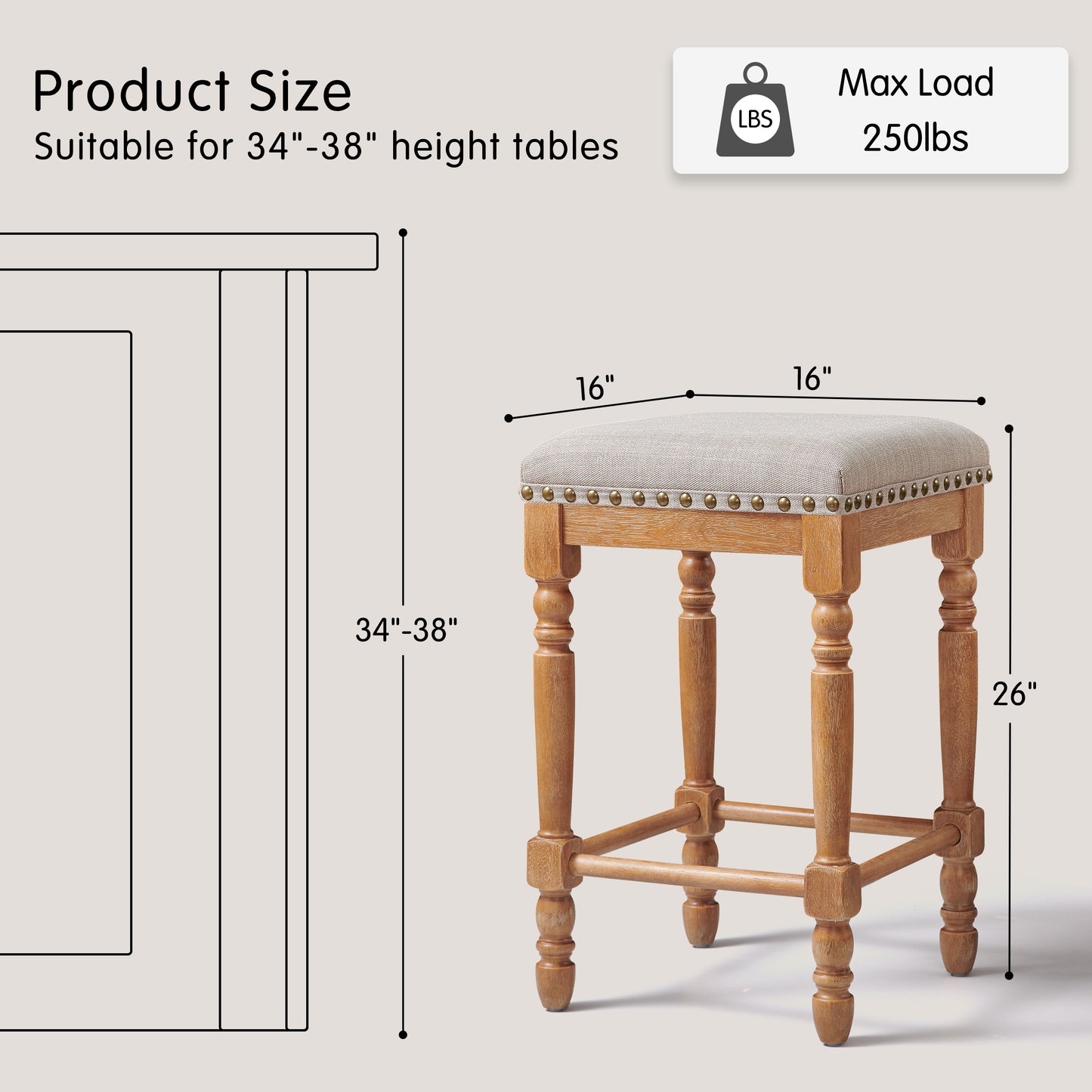 Bar Stools Set of 2, Counter Height,Upholstered Stools with Nailhead Trim, Rustic Solid Wood Frame for Kitchen & Home Bar