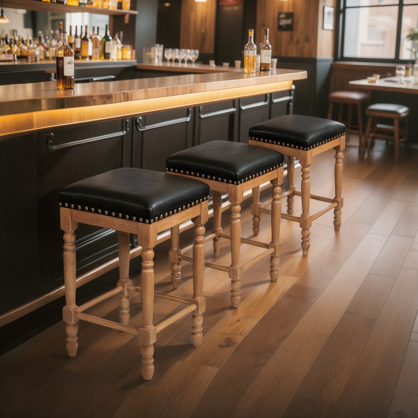 Bar Stools Set of 2, Counter Height,Upholstered Stools with Nailhead Trim, Rustic Solid Wood Frame for Kitchen & Home Bar