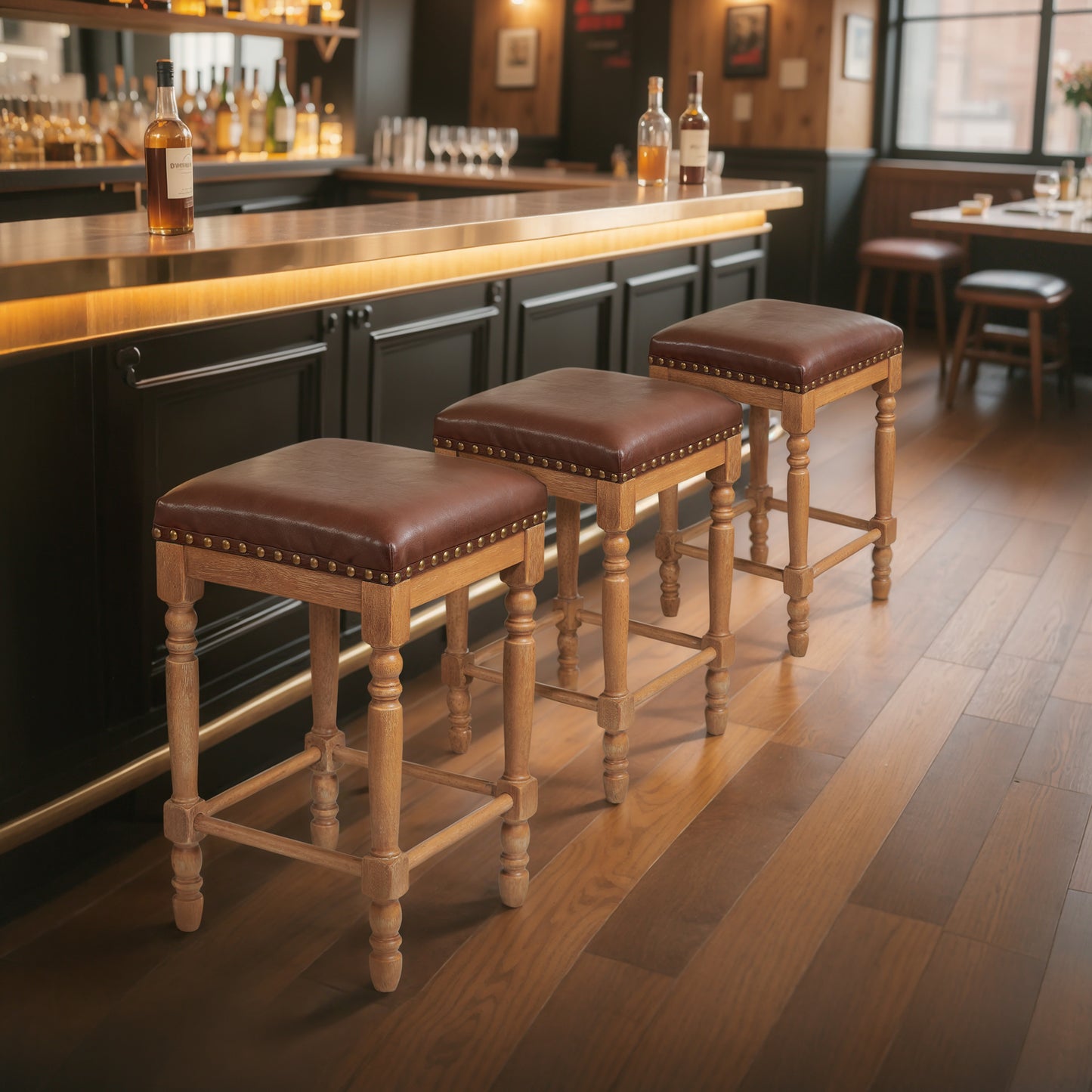 Bar Stools Set of 2, Counter Height,Upholstered Stools with Nailhead Trim, Rustic Solid Wood Frame for Kitchen & Home Bar