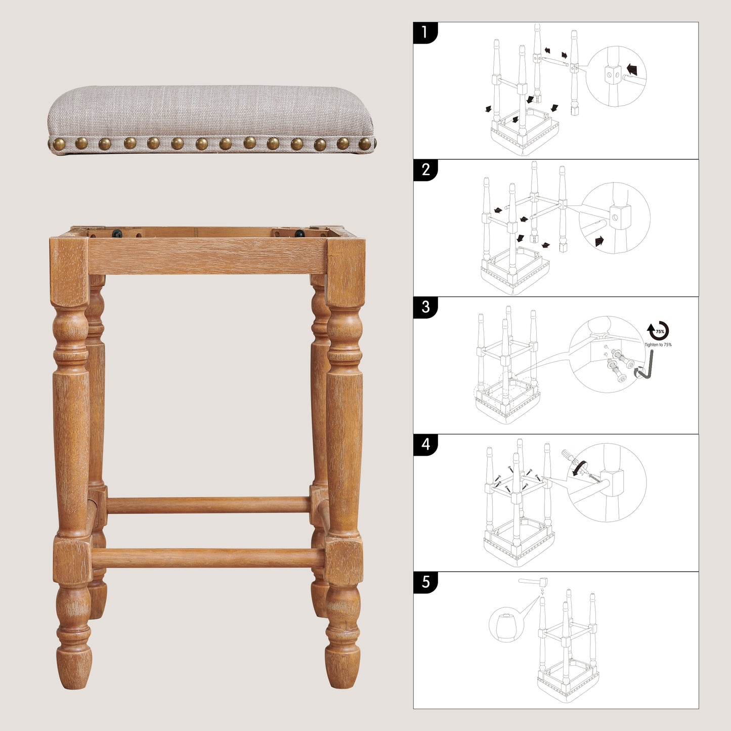 Bar Stools Set of 2, Counter Height,Upholstered Stools with Nailhead Trim, Rustic Solid Wood Frame for Kitchen & Home Bar