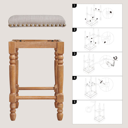 Bar Stools Set of 2, Counter Height,Upholstered Stools with Nailhead Trim, Rustic Solid Wood Frame for Kitchen & Home Bar