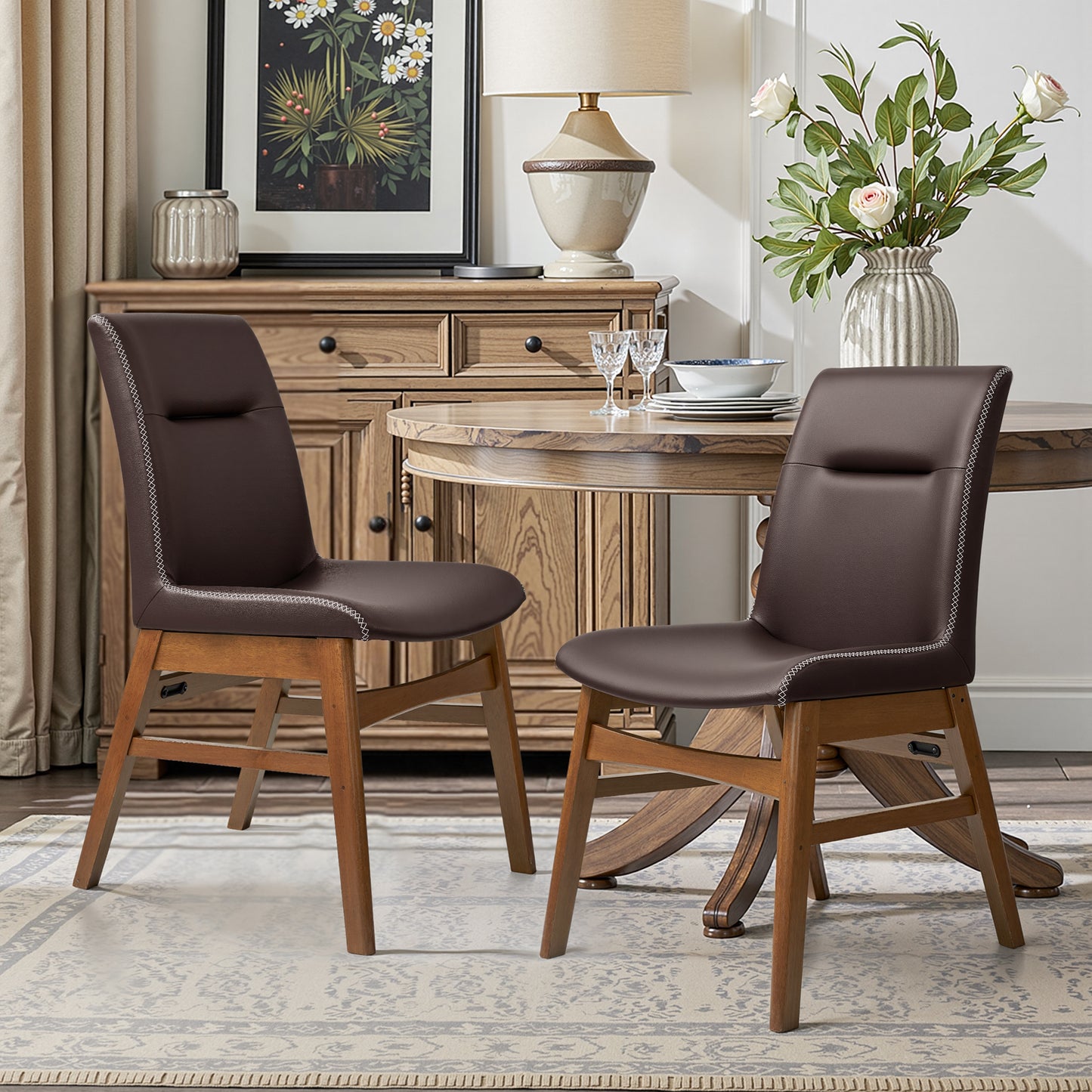Dining Chairs Set of 2, Embroidered Leather Dining Chairs for Kitchen, Dining Room, Ivory