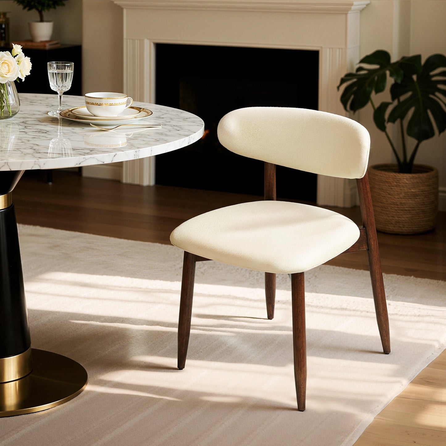 Upholstered Wooden Dining Chairs with Curved Back, Nordic Modern Fabric Kitchen Side Chairs-