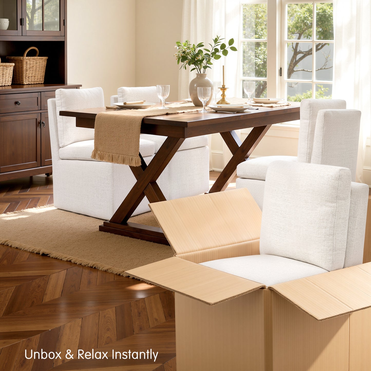 Linen Upholstered Dining Chair with Hidden Wheels, Fully Assembled Modern Armless Accent Chair