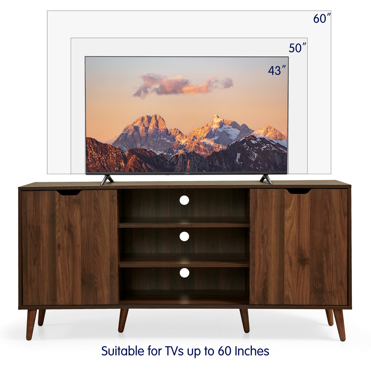 TV Stand for 55-60 Inch TV, Mid Century Modern Entertainment Center, TV Console with Sliding Door and Storage Shelves for Living Room, Brown