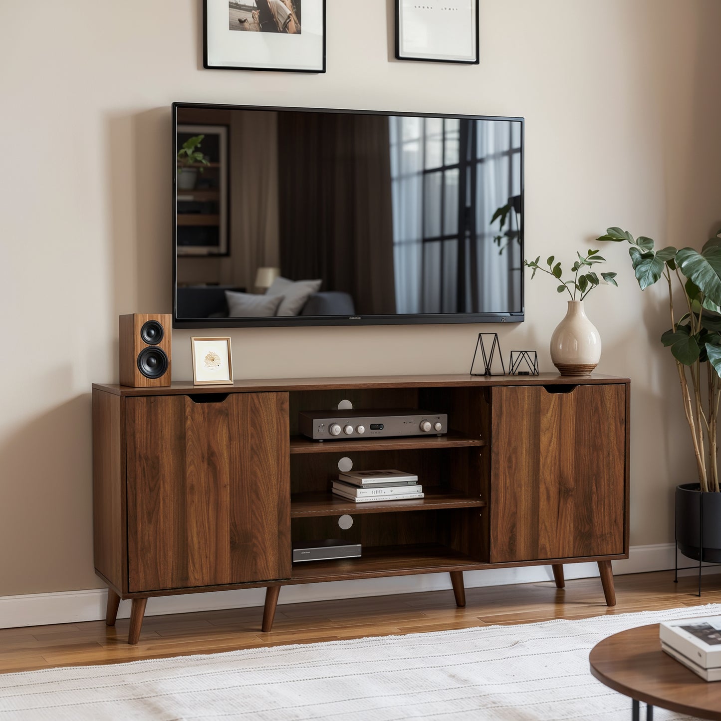 TV Stand for 55-60 Inch TV, Mid Century Modern Entertainment Center, TV Console with Sliding Door and Storage Shelves for Living Room, Brown