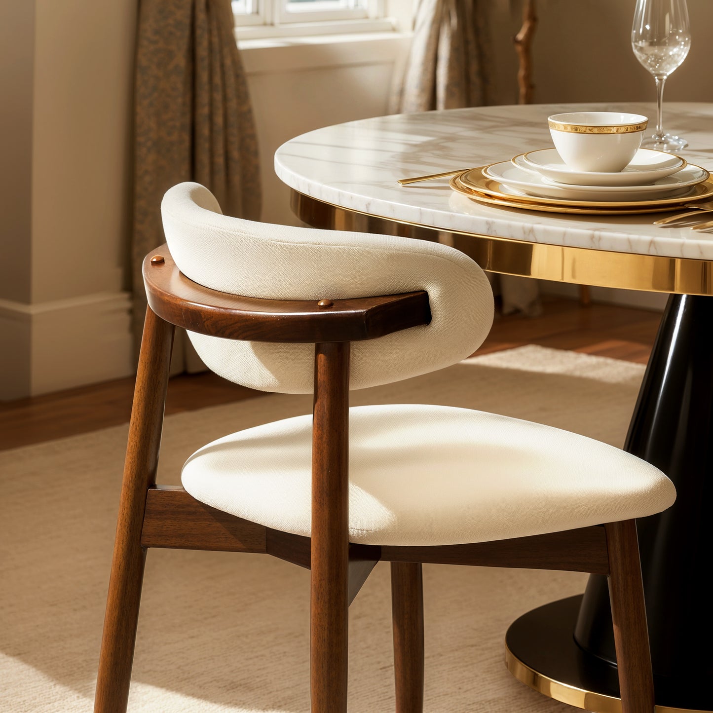 Upholstered Wooden Dining Chairs with Curved Back, Nordic Modern Fabric Kitchen Side Chairs-