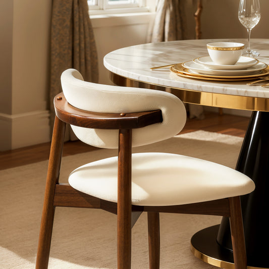 Upholstered Wooden Dining Chairs with Curved Back, Nordic Modern Fabric Kitchen Side Chairs-