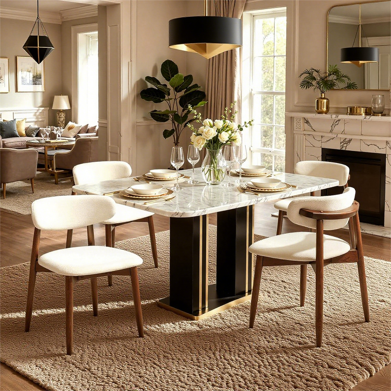 Upholstered Wooden Dining Chairs with Curved Back, Nordic Modern Fabric Kitchen Side Chairs-