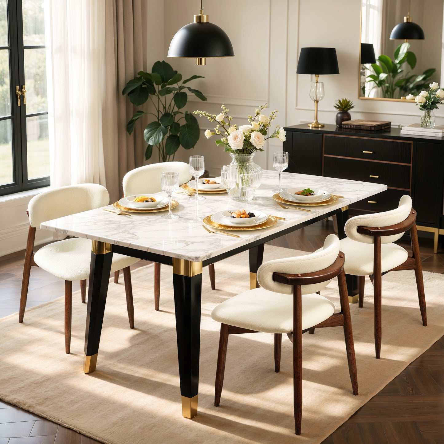 Upholstered Wooden Dining Chairs with Curved Back, Nordic Modern Fabric Kitchen Side Chairs-